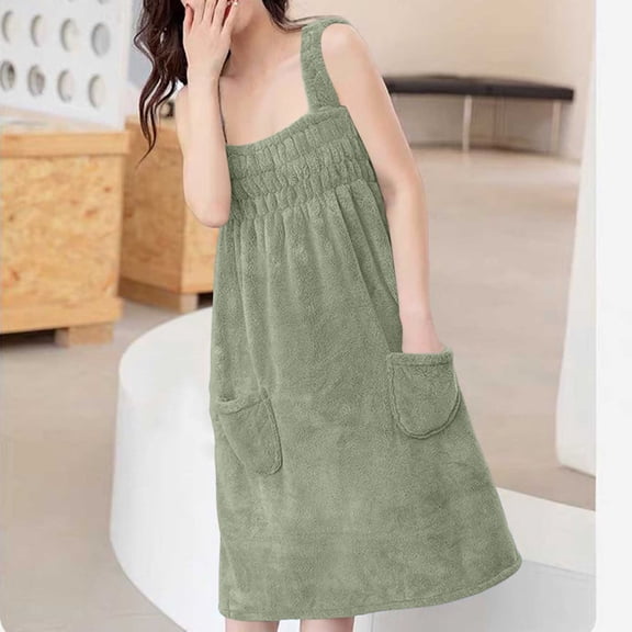 Karymi House Dress for Women Women's Sleepwear Sleeveless Wearable Bath Wrap Dress, Coral Fleece Elastic Shirred Towel Robe with Pockets, Absorbent Loungewear Nightgown