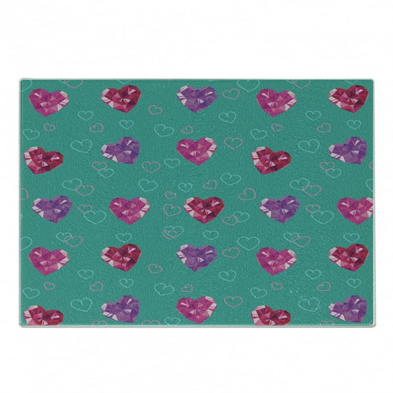 Teal Cutting Board, Crystal Hearts and Gemstone Valentine's Day Celebrating Romantic Print, Decorative Tempered Glass Cutting and Serving Board, Small Size, Red Fuchsia Teal, by Ambesonne