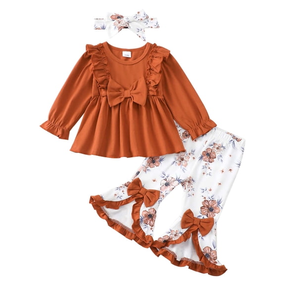 KIMI BEAR 18 Months Infant Baby Girl Outfit Set 24 Months Winter Clothing Ruffle Long Sleeves Bowknot T-shirt Top Floral Flared Pants with Headband 3pcs Pant Sets Brown