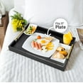 thumbnail image 4 of 17" x 12" Wood Serving Tray with Gold Polished Metal Handles, Home Decorative Wooden Rectangle Ottoman Leather Decor Platter Bathroom Vanity Tray for All Occasions Alligator Black, 4 of 14