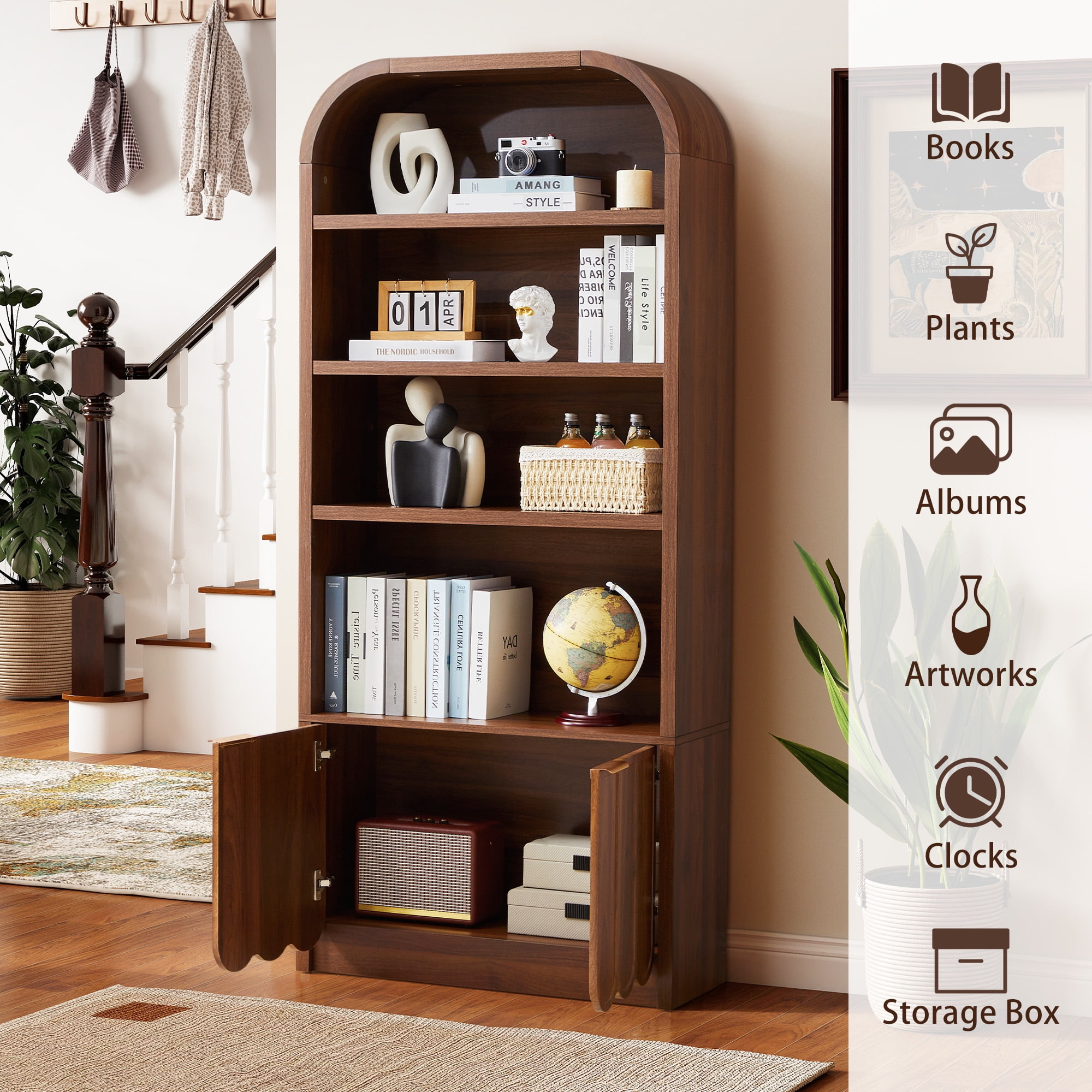 YOCWO 70" Tall Arched Bookcases with 2 Doors & 4 Shelves, Wooden Bookshelf with Wave Panel and Curved Top for Living Room Office, Walnut