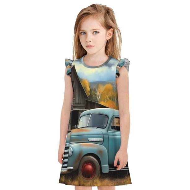 Fotbe Vintage Truck Farm Scene Vestido de Dormir para Niñas de 3 a 10 Años, Mangas Cortas, Estilo Princesa, Pijama Camisón con Mangas Voladas-Large