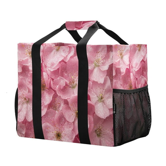 YAZAOO Mesh Beach Bags Totes Foldable Multiple Pockets Creatively Pink Flowers with Glitter Printed