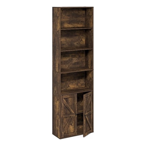 Pemberly Row Farmhouse 6-Shelf Display Bookcase with Doors in Amber Pine