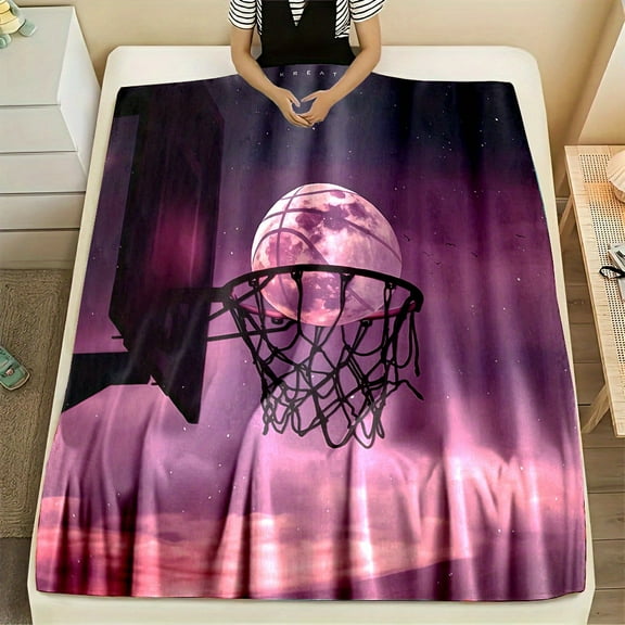 Cozy Moonlit Basketball & Hoop Print Flannel Throw Blanket - Soft, Reversible, All-Season Comfort For Bed, Sofa, Camping - Machine Washable