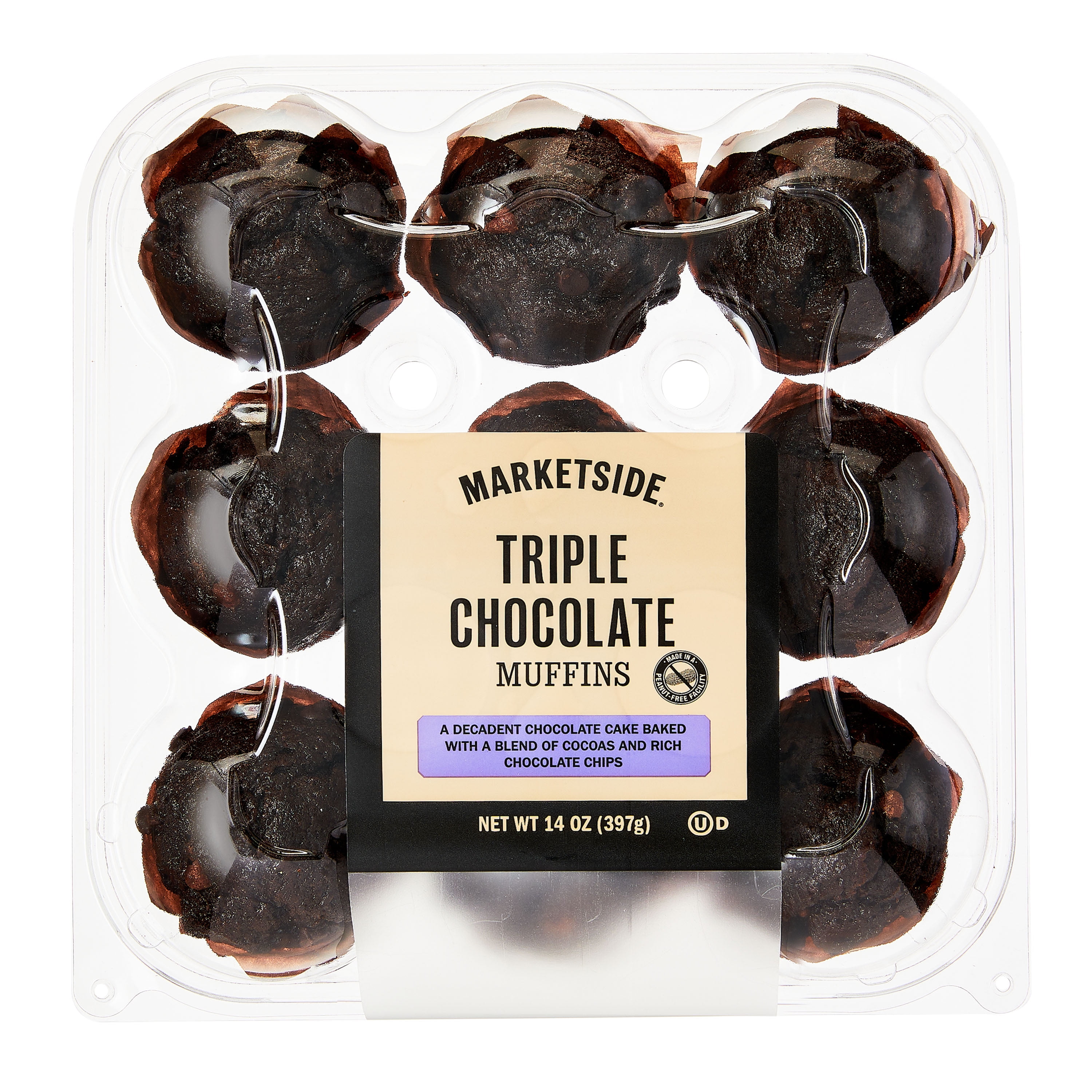 Marketside Triple Chocolate Baked Muffins, 14 oz, 9 Count (Bakery Fresh, Sweet Dessert)