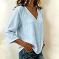 thumbnail image 4 of Womens Summer Casual Imitation Cotton And Linen Tunic Blouse 3/4 Sleeve V Neck Peasant Shirts Beach Vacation Tees | CSEONE,Light Blue XL, 4 of 5