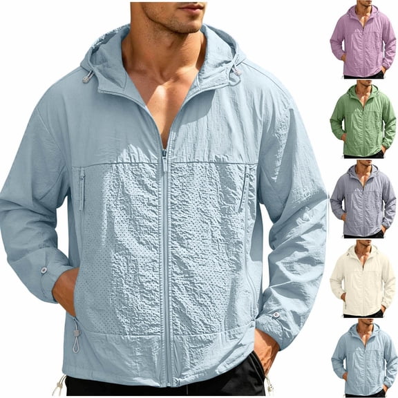 zejinsd Sun Protection Shirts for Men Thin Breathable Sports Sunscreen Coat Solid Color Long Sleeve Jacket Loose Quick Dry Hooded Tops