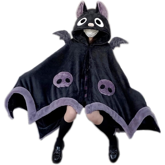 Anime Wearable Bat Blanket Hoodie for Adults Cute Halloween Devil Bat Hooded Blanket Oversized Soft Sherpa Hoodie Women Throw Cloak Wrap with Demon Wings for Women Men Child Student, Free Size,A