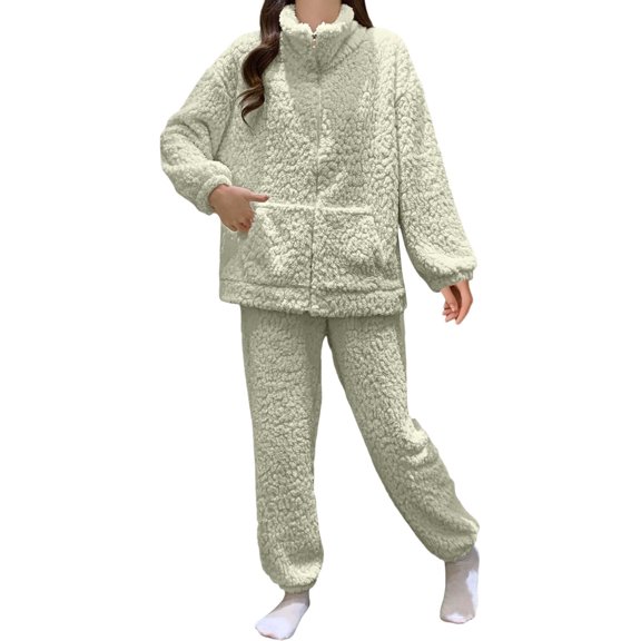 Fluffy Pajamas for Women Long Sleeve Zip Up Jackets Pants Set Womens Lounge Sets Winter Pjs for Women Set