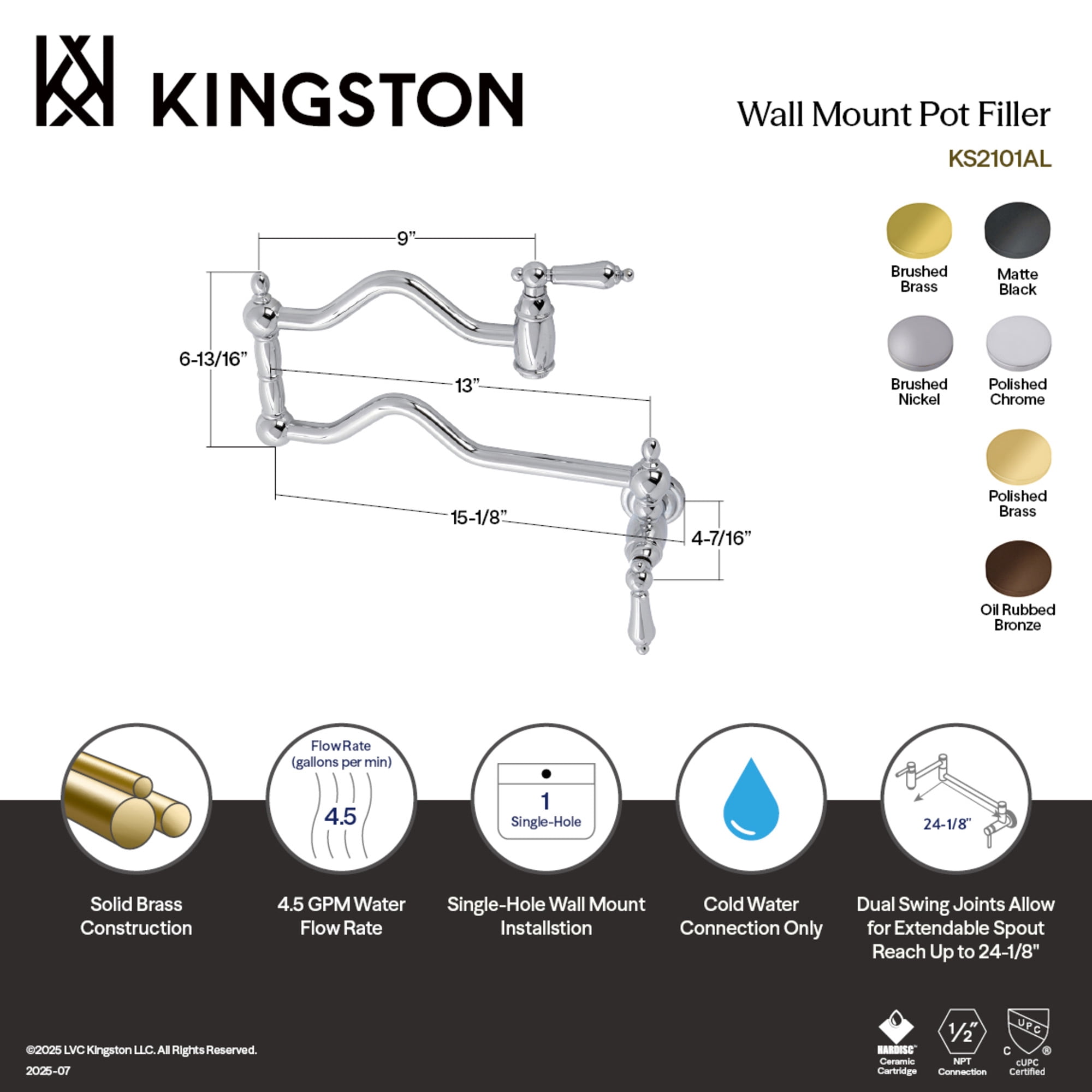 Kingston Brass KS2105AL Heritage Two-Handle 1-Hole Wall Mount Pot Filler Faucet in Oil Rubbed Bronze