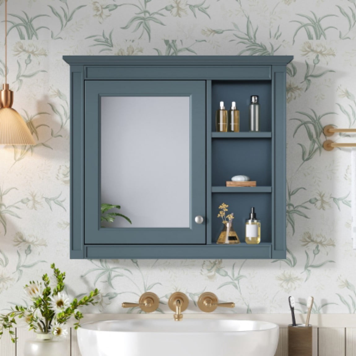 30"x 28" Wall Mounted Bathroom Medicine Cabinet with Mirror, Bathroom Storage Cabinet with Adjustable Shelf & 3 Open Shelves, Modern MDF Mirror Cabinet, Blue