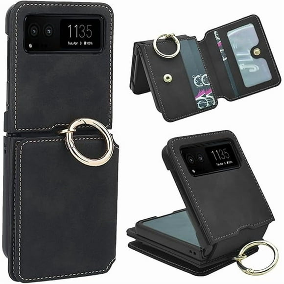 wonima11 for Motorola Razr 2023 Case with Card Holder, Premium PU Leather Flip Cover with Ring Holder Hinge Protection Cover Card Slot Wallet Protective Case for Motorola Razr 2023 Black