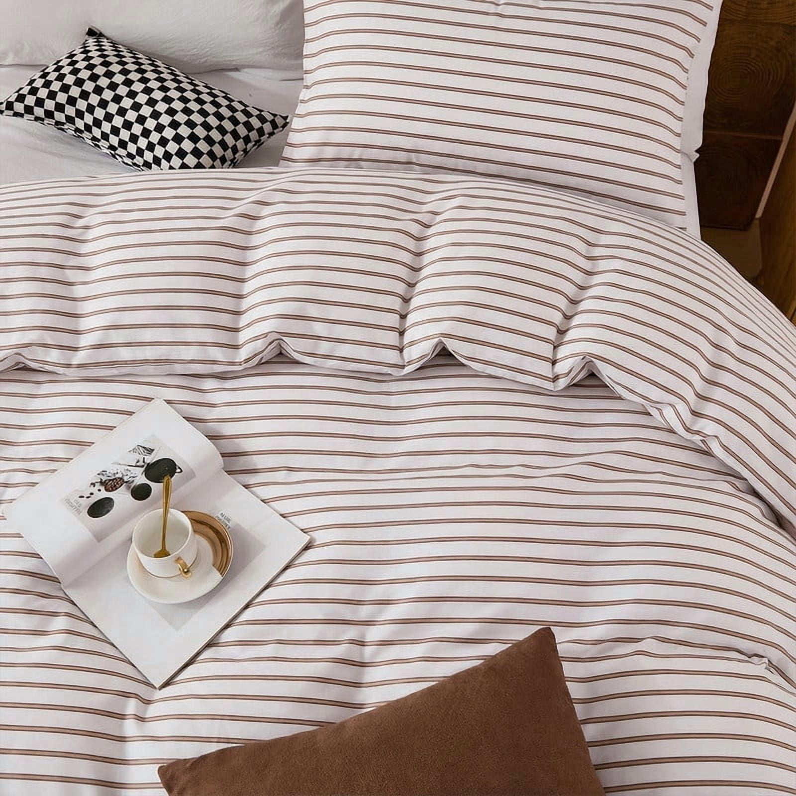 Khaki Striped Duvet Cover Set King Size,100% Cotton Bedding Set,Luxury Sateen Weave Silky Smooth Breathable Bedding Comforter Cover 3 Pcs with Zipper Closure and 8 Corner Ties