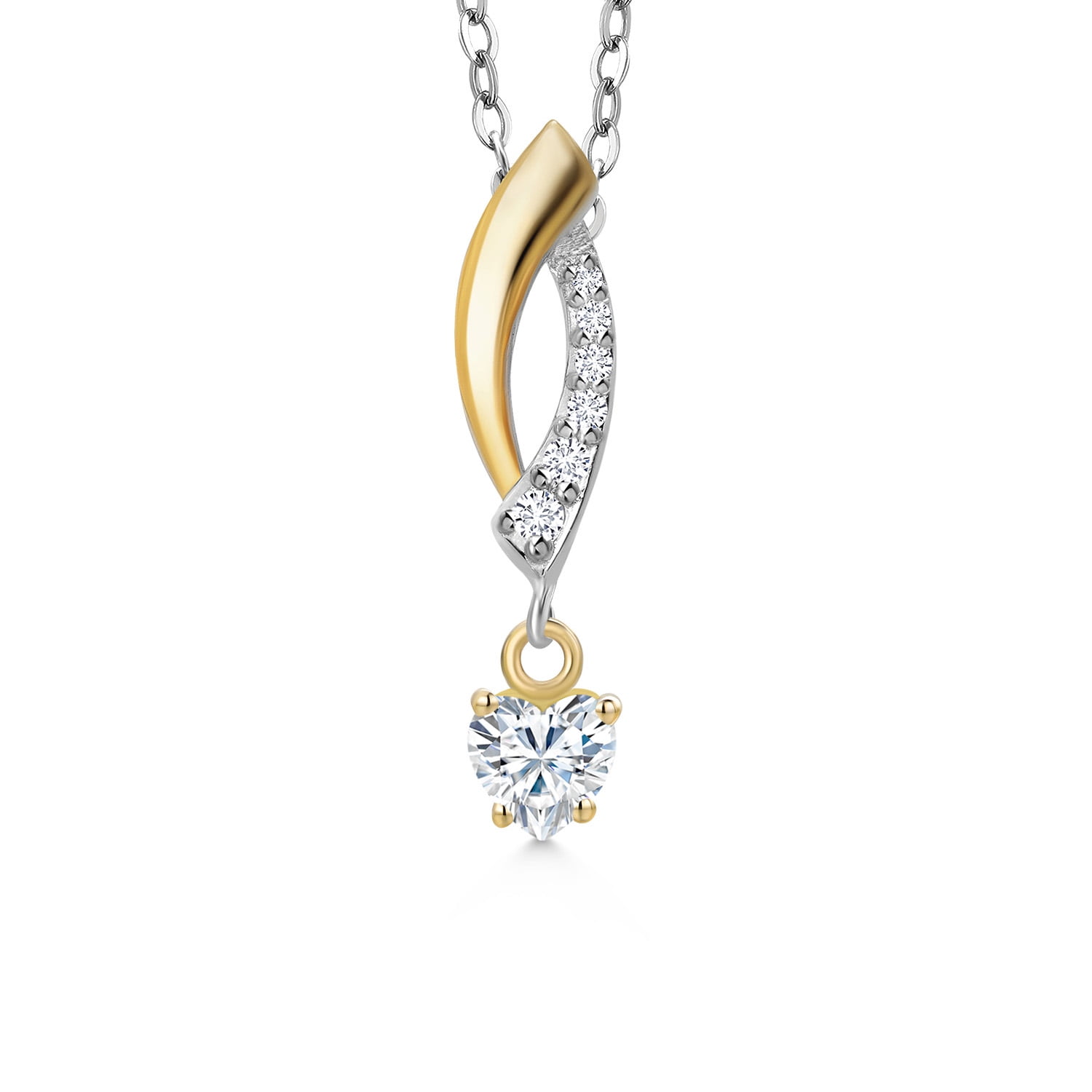 Gem Stone King 925 Silver and 10K Yellow Gold White Moissanite and White Lab Grown Diamond Pendant Necklace for Women | 0.26 Cttw | April Birthstone | Heart Shape 4MM | With 18 inch Chain