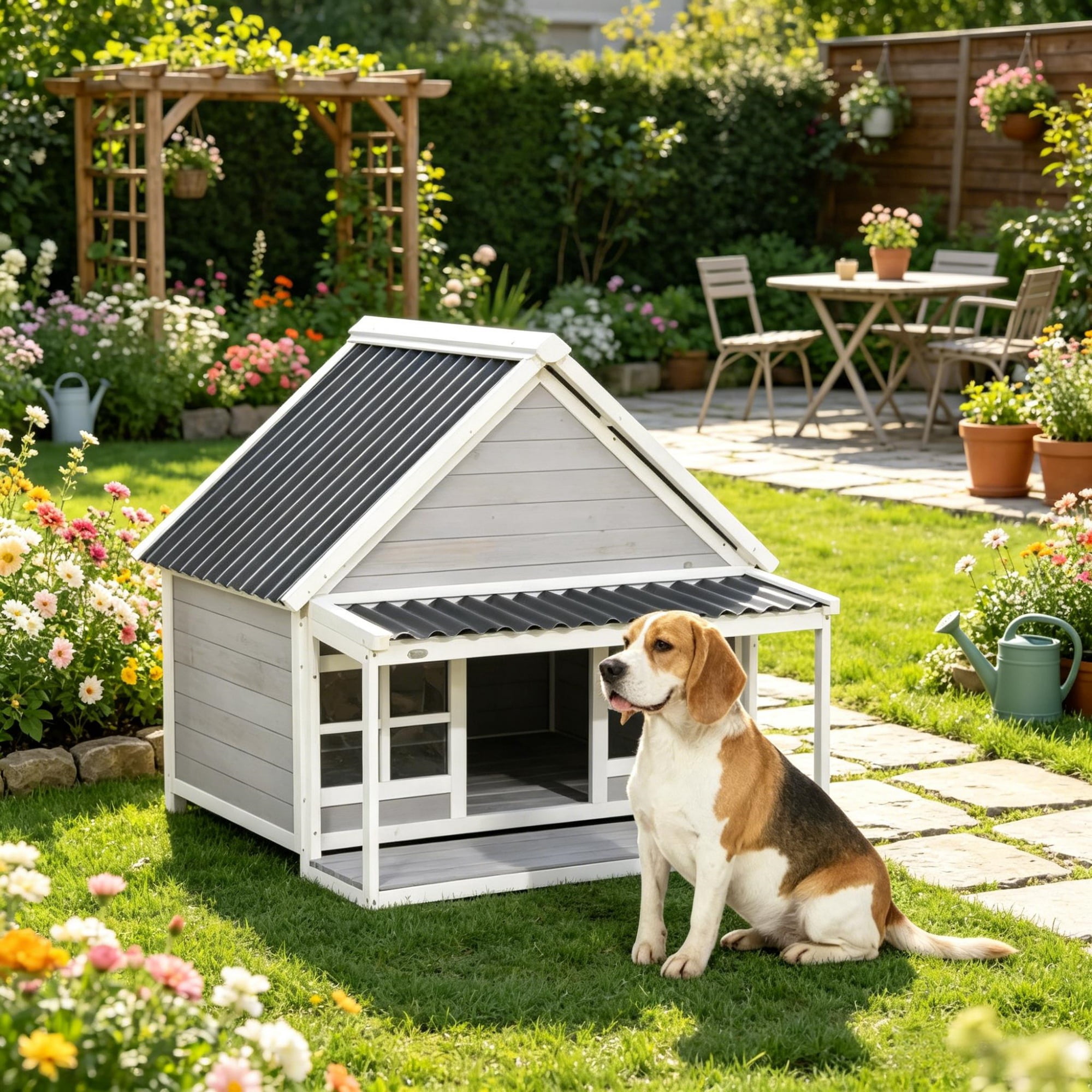 Wooden Dog House with Porch, Outdoor Weatherproof Dog House with Tilt Roof, Front Door and Windows, for Medium and Large Sized Dogs