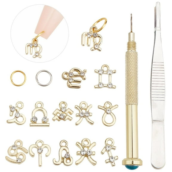 126pcs Dangle Nail Art Charms Sets 12 Constellations Pendant Nail Jewelry Rings with Nail Piercing Tool Hand Drill Decorations