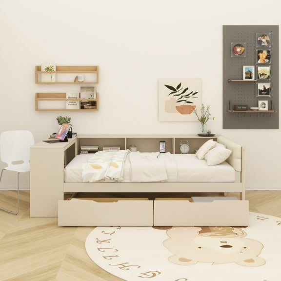 Wood Twin Size Platform Bed with Storage Shelves, Drawers, Charging Station and Upholstered Headboard, Cream