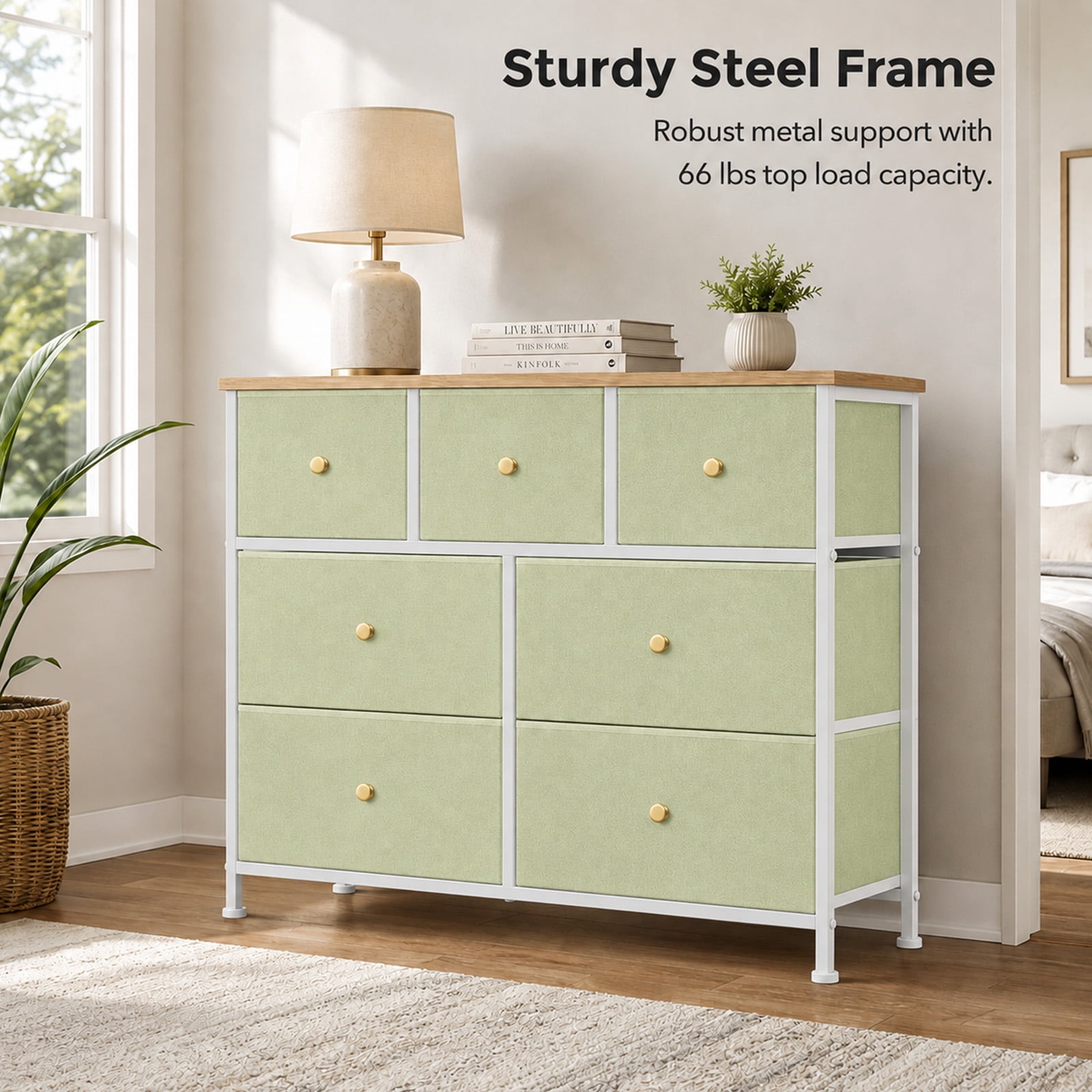 Alvantor 5/7 Drawer Fabric Dresser, Storage Tower for Bedroom and Closet, Chest of Drawers with Sturdy Steel Frame & Wooden Top for Living Room, Entryway