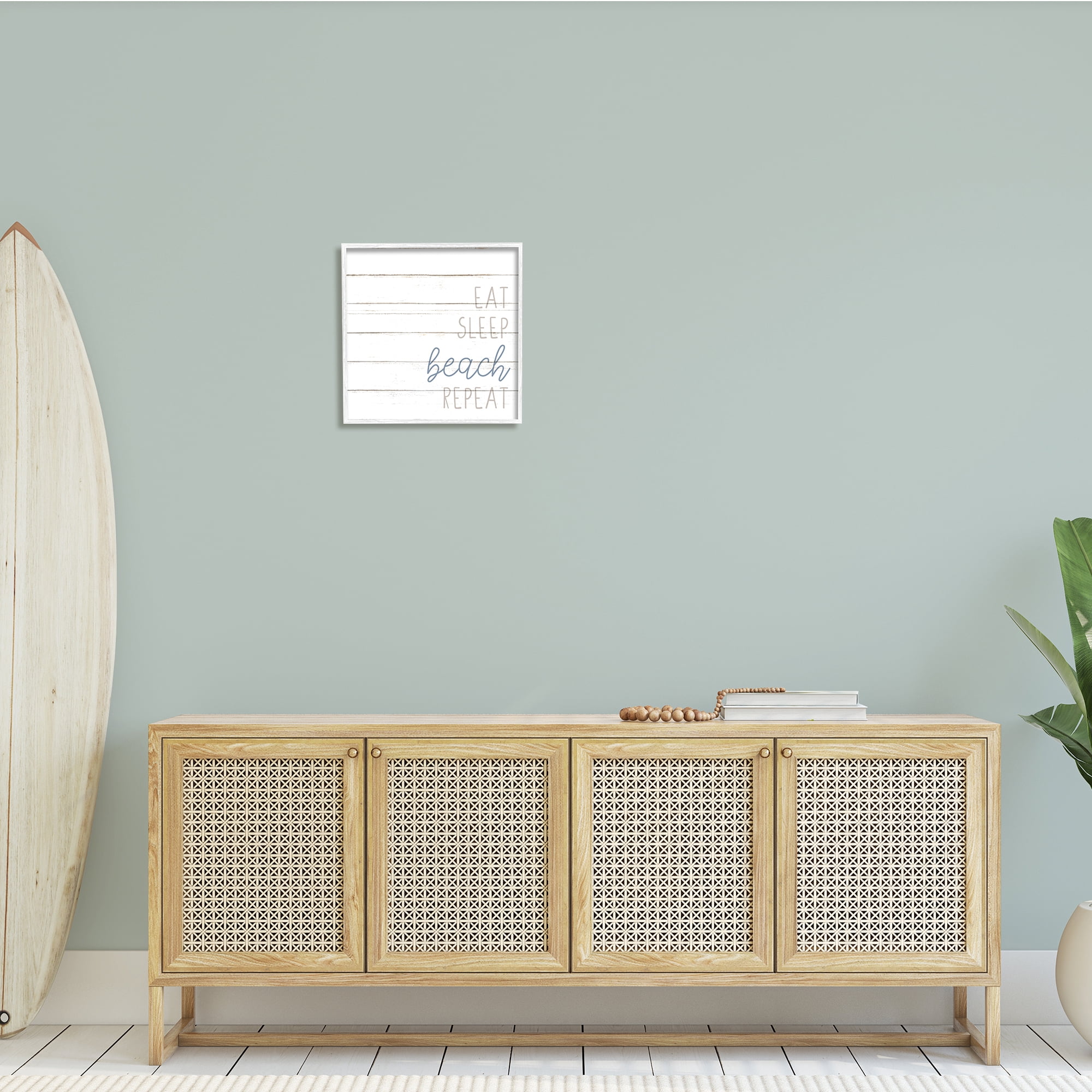 Stupell Industries Eat Sleep Beach Repeat Phrase White Planked Pattern, 17 x 17, Design by Kim Allen