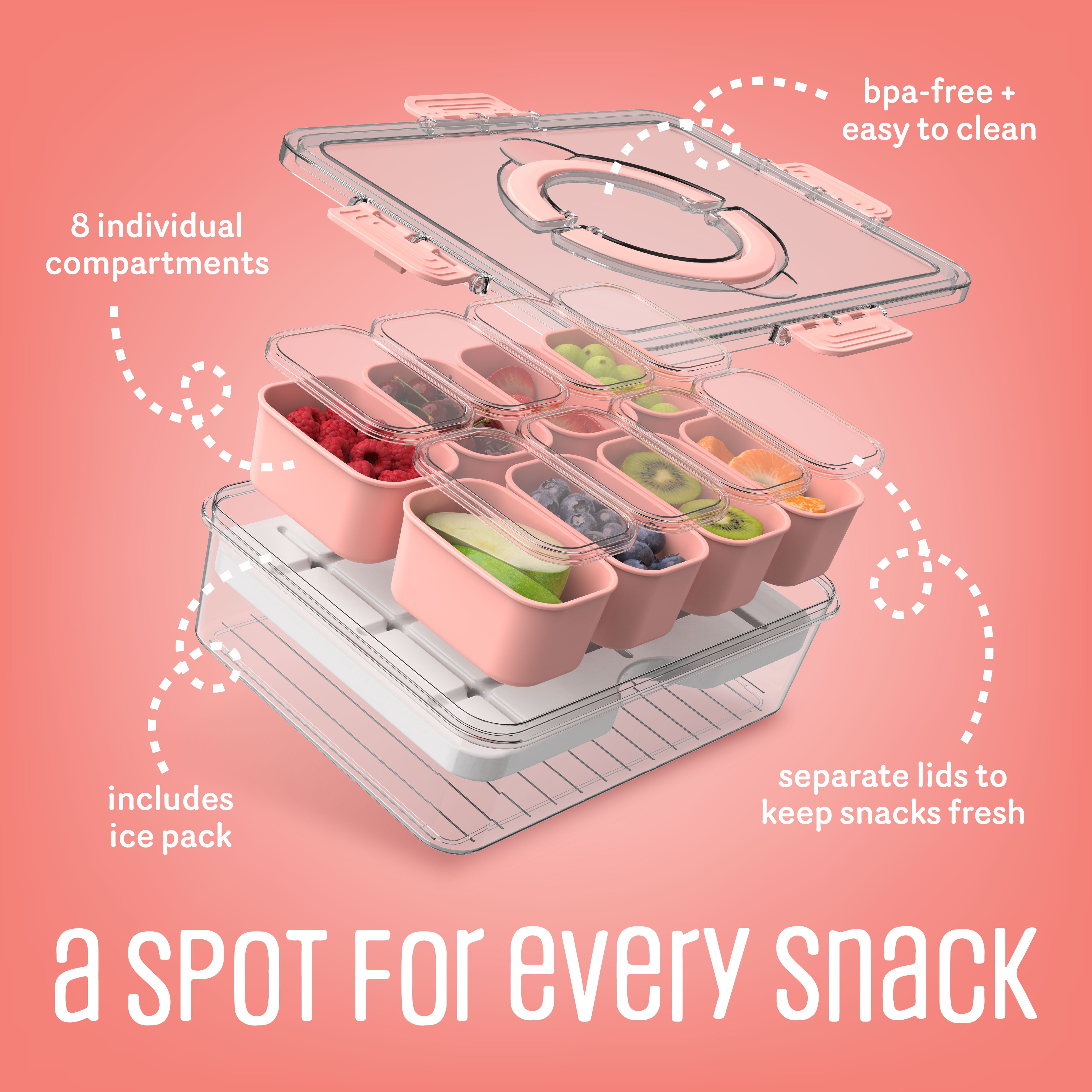 COOK WITH COLOR Snack Container with Ice Pack, Food Storage Containers, Meal Prep Containers, Coral