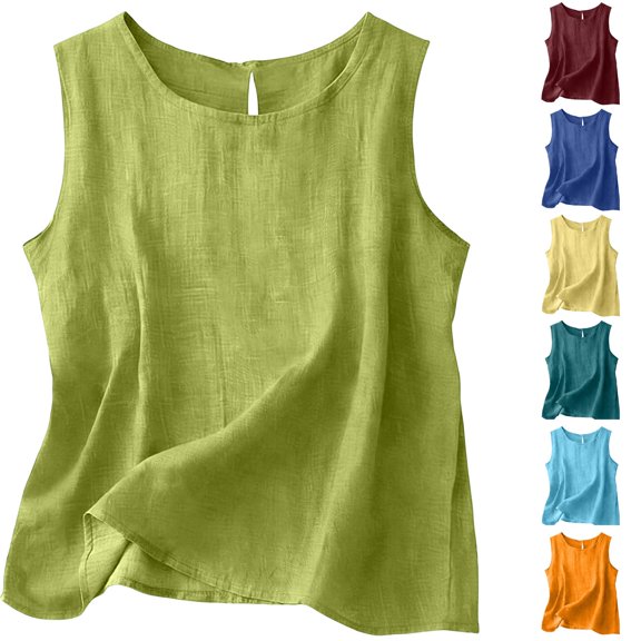 IMENGL Women's Tank Tops Soft Round Neck Linen Blouse Casual Sleeveless Slim-Fit Camisole for Women,M-XXXL