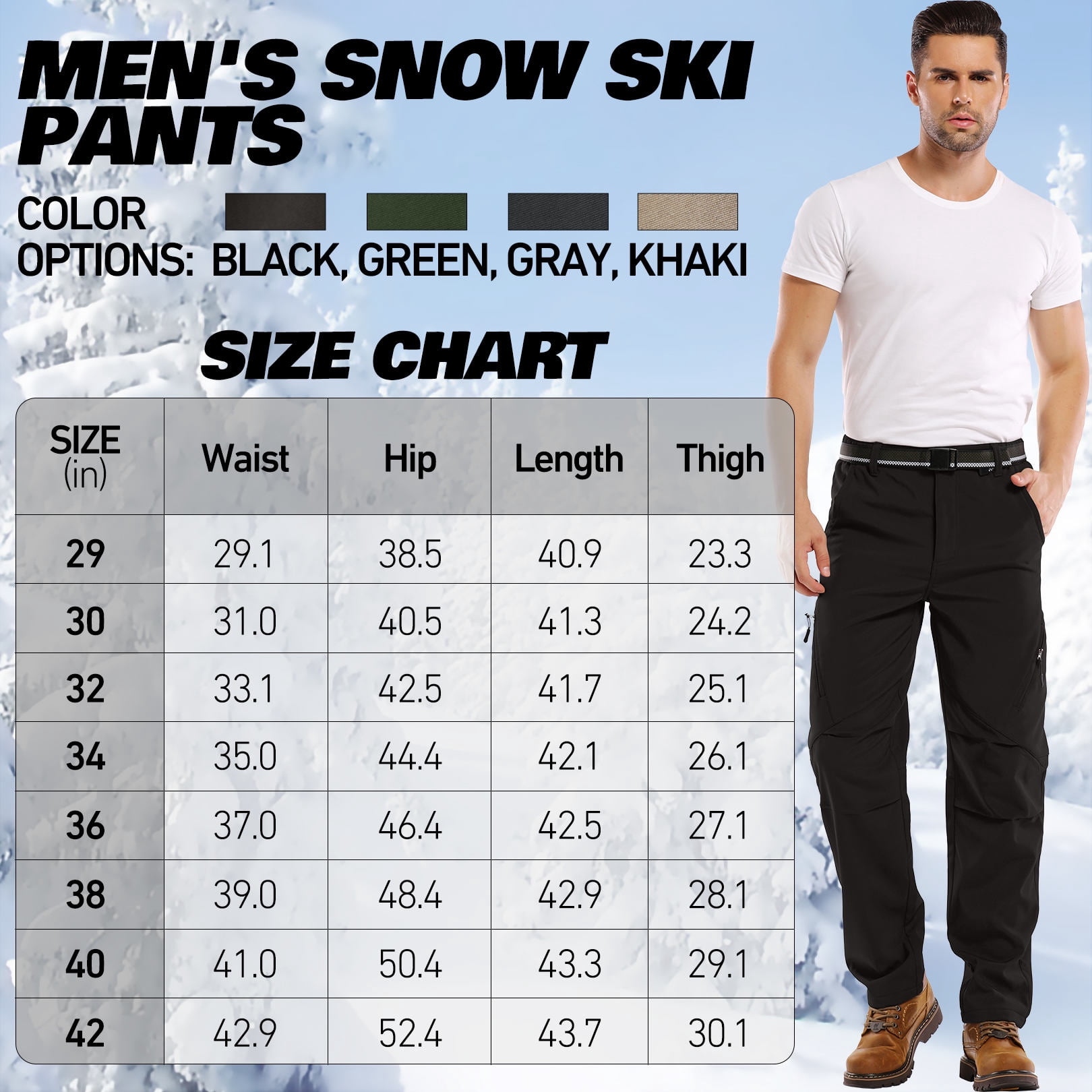 FEN AI Fleece Lined Hiking Snow Pants for Men Waterproof Warm Softshell Trousers Ski Pants Windproof Cargo Pants for Winter Outdoor
