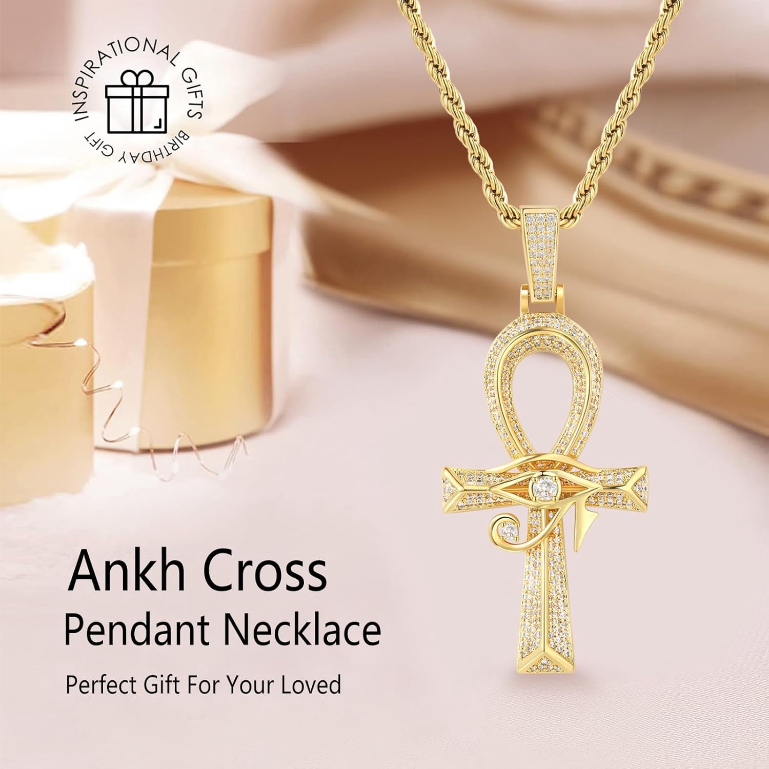 Leander Eye of Horus Ankh Cross Pendant Necklace 18K White Gold Plated Iced Out CZ Ancient Egyptian Religious Symbol Protection Chain Jewelry for Men Women Christmas Birthday Gift