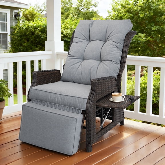 COMLAX FIELD Outdoor Wicker Recliner with Adjustable Back and Footrest, Rattan Reclining Lounge Chair