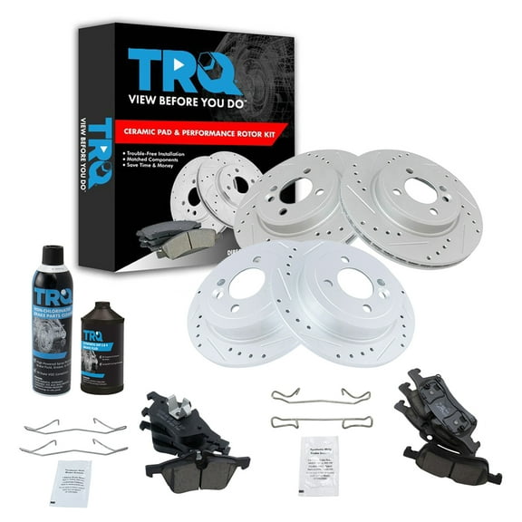 TRQ Brake Rotor G-Coated & Ceramic Pad Front & Rear Kit w/Chemicals BKA17624