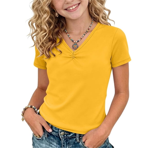 WQNVRNR Girls Short Sleeve Tee- Fashion Casual Cotton Pleated V-Neck Cute Summer Tops Yellow Size 10