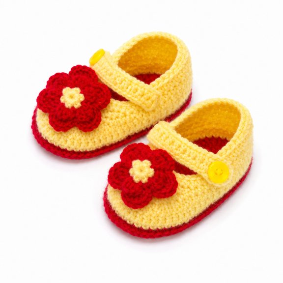 Crochella Handmade Crochet Booties with Floral Applique, Soft Knitted Slip-On Footwear with Button Strap, Comfortable Everyday Knit Shoes, Pair Pack