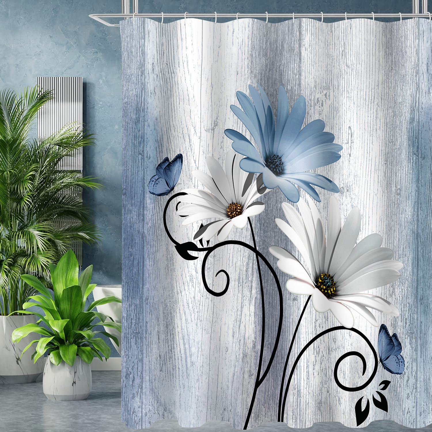 Hadint 4Pcs Blue Daisy Floral and Butterfly Shower Curtain Set, Shower Curtain and Rug Set, 12 Pcs Hooks, 71inx71in
