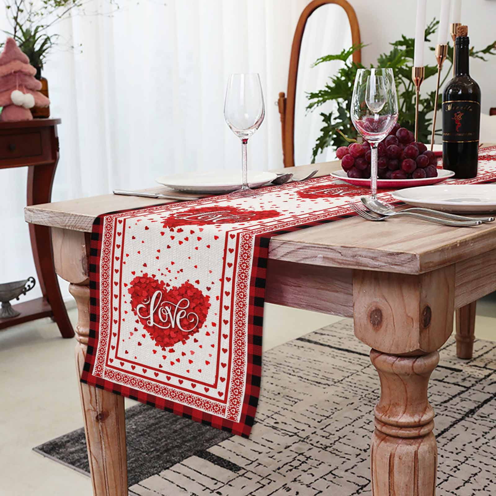 LOVE Heart Table Runner, Valentine's Day Romantic Red Plaid Boundary Washable Cotton-linen Table Runners Dining Kitchen Decoration for Everyday Home Wedding Party Decor, 13 x 90 Inch