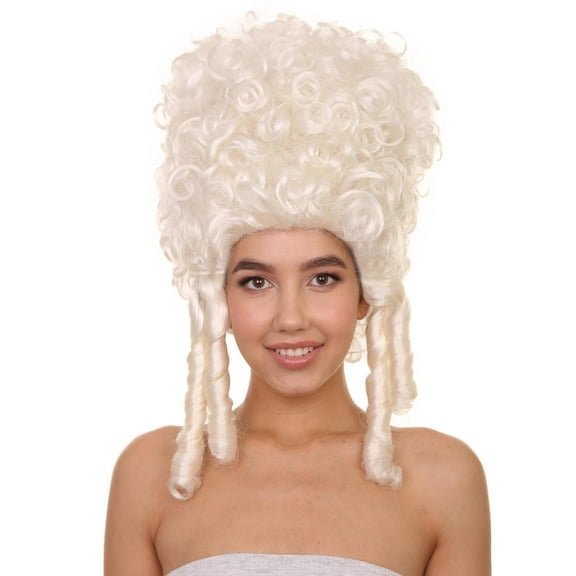 HPO Adult Women's Colonial Lady's Century Curly Wig | White Color Historical Cosplay Wig | Premium Breathable Capless Cap