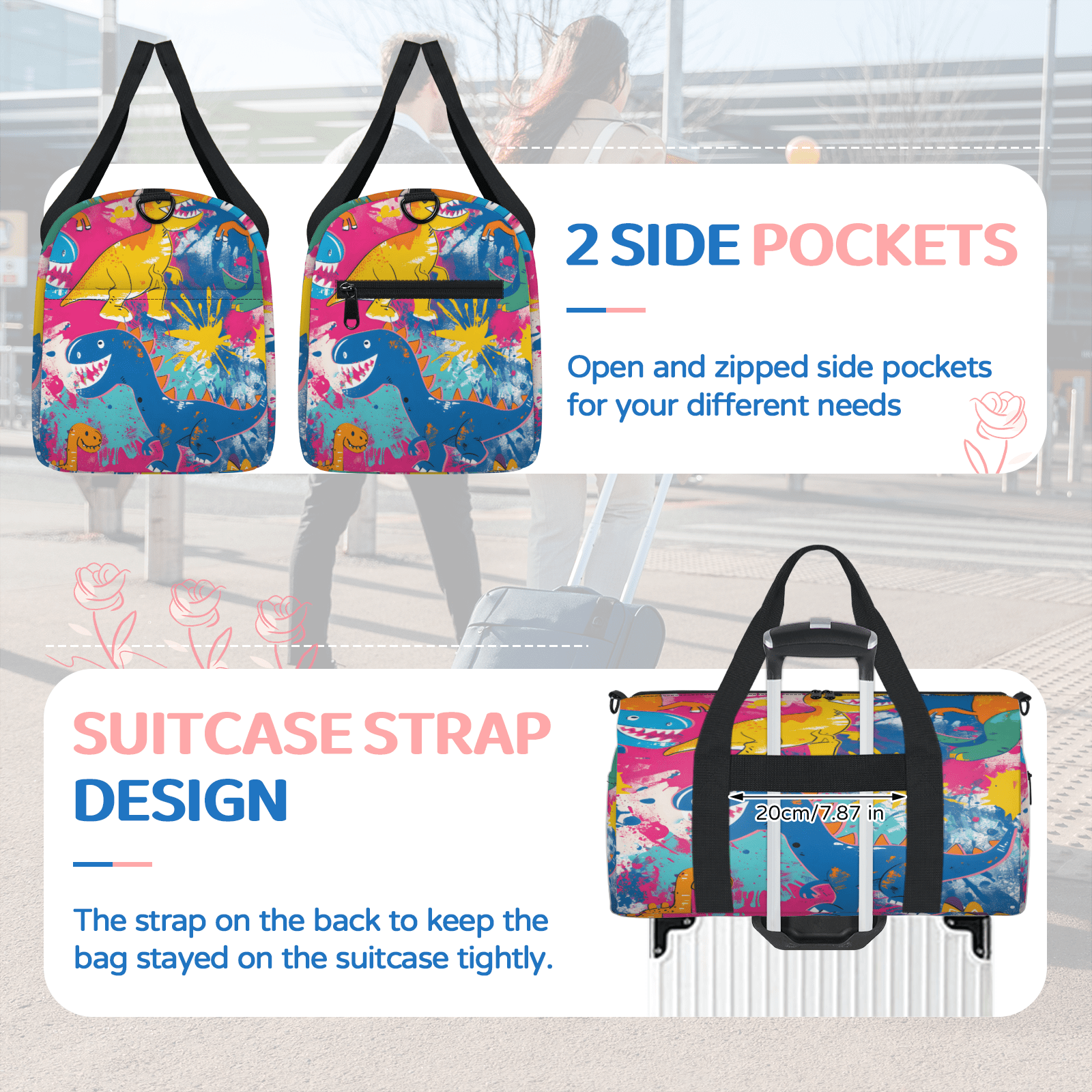 Herdesigns Colorful Rainbow Dinosaur Gym Bag for Women, Duffle Bag for Travel Sport, Lightweight Waterproof Carry on Weekender Overnight Dance Yoga Workout Bags