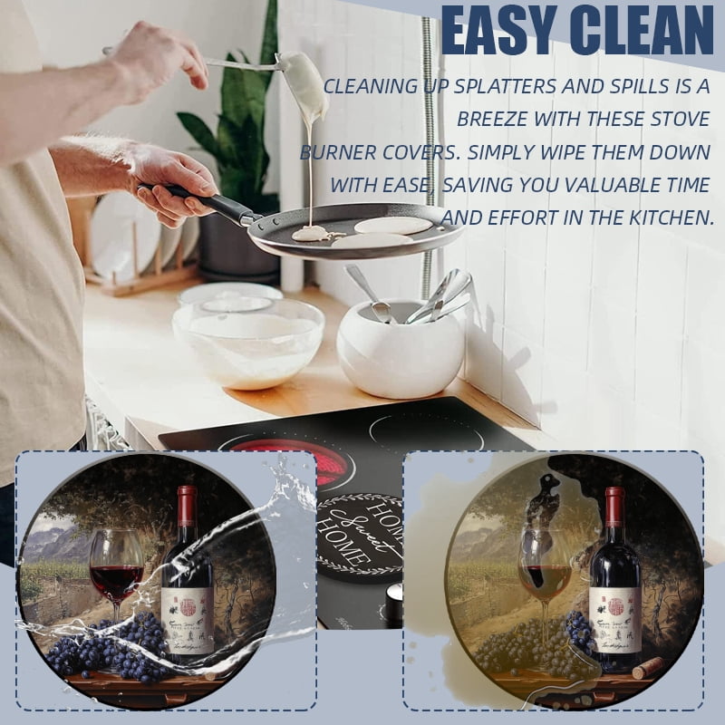 Round Burner Covers for Electric Stove, Rustic Wine Glass and Grapes Pattern Metal Stove Burner Covers Expands Counter Space Set of 4, 8 Inches and 10 Inches