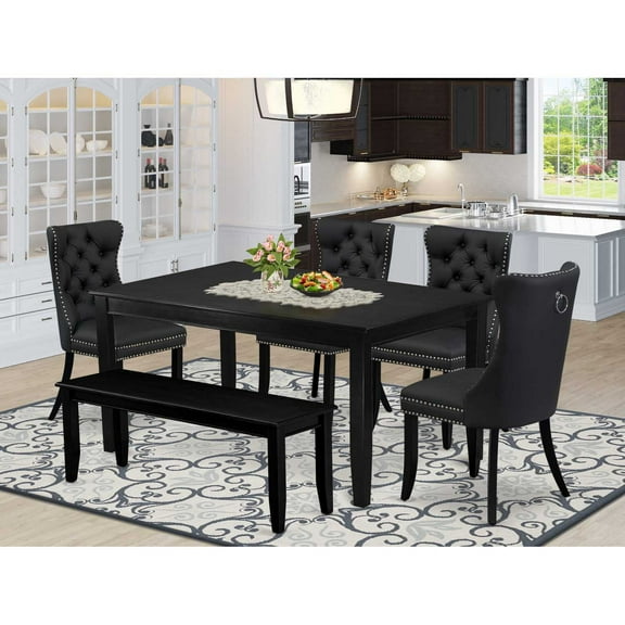 HomeStock Southwestern Style 6 Piece Dining Table Set Contains A Rectangle Solid Wood Table And 4 Chairs With A Bench, Black