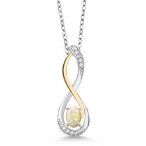 Gem Stone King 0.39 Ct Oval Cabochon White Ethiopian Opal E-F Lab Grown Diamond 925 Silver and 10K Yellow Gold Infinity Pendant