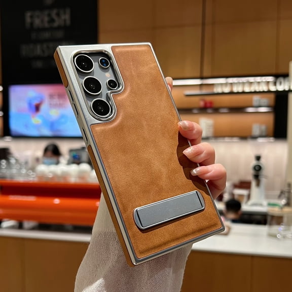 PU Leather Case for Samsung Galaxy S25 Ultra with Adjustable Kickstand, Retro Luxury Business Electroplated Edges Military-Grade Drop Protection Slim Back Cover for Samsung Galaxy S25 Ultra, Brown