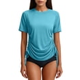 thumbnail image 2 of Oiangi Womens Swim Shirts with Side Drawstring Sun Protection Short Sleeve Rash Guard Crew Neck Quick Dry Beach Surf Workout Tops Blue L, 2 of 9