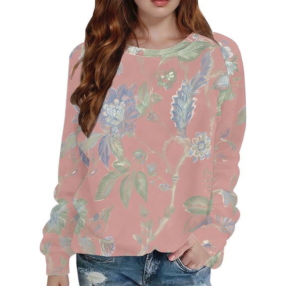Tiweut Sweatshirt for Women Floral Print Sweatshirt Loose Pullover Hoodless Crewneck Long Sleeve Tops