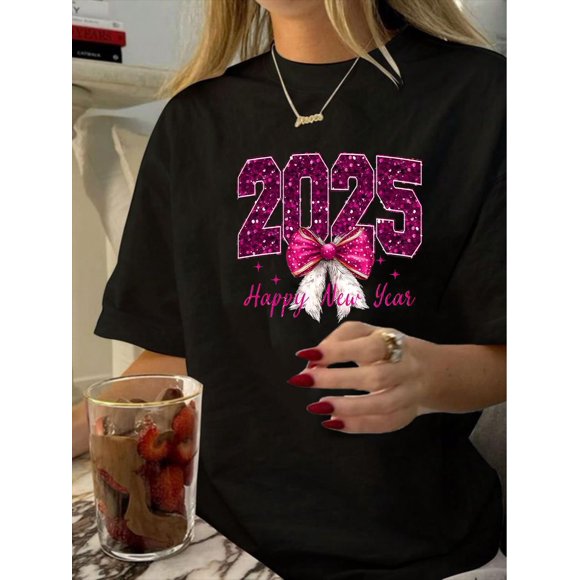 Camiseta De Verano Para Mujer, Elegante Camiseta Con Cuello Redondo Para Viajar, Acampar, Uso Diario1pc Vintage Style 2025 Happy New Year T-Shirt for Women, Geometric Pattern, Polyester Knit Fabric,