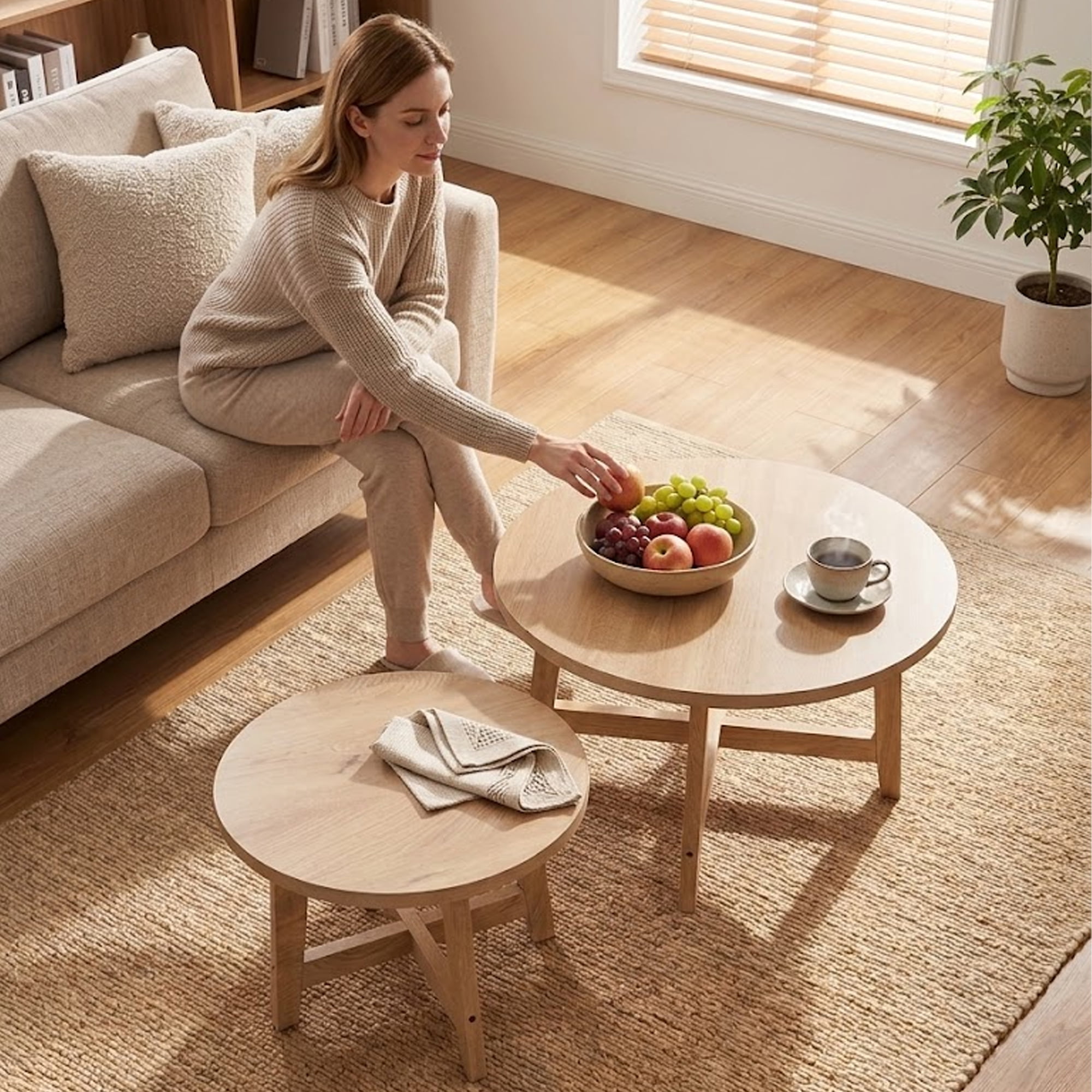 Set of 2 Round Nesting Coffee Tables, Natural Wood Finish Modern Side Tables, X-Shaped Frame Stackable End Tables for Living Room, Bedroom, Balcony