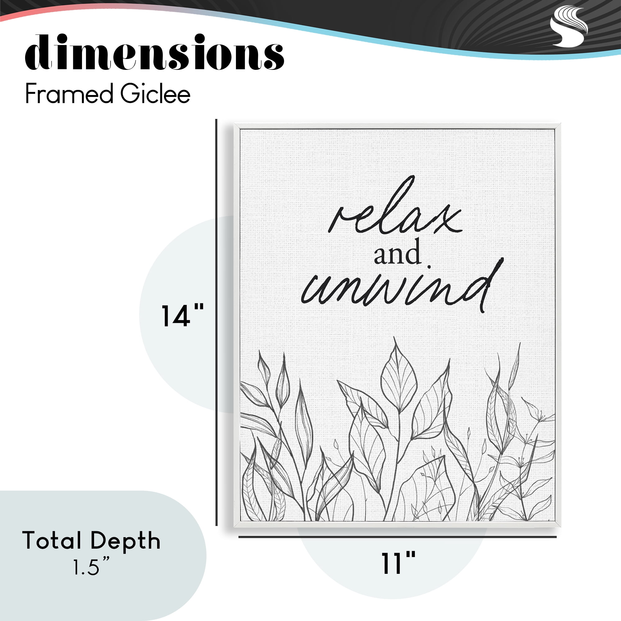 Relax Unwind Minimalist Leaves White Framed Giclee Art, design by Lettered and Lined
