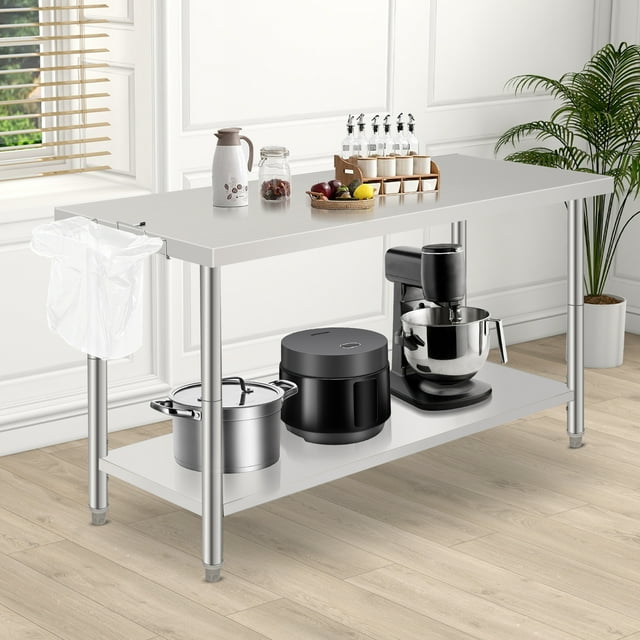 GloryStar Table de Préparation et de Travail en Acier Inoxydable, Table Utilitaire Commerciale Robuste avec Tablette Inférieure Réglable et Crochets à Outils pour Cuisine, Entrepôt, Garage et Jardin