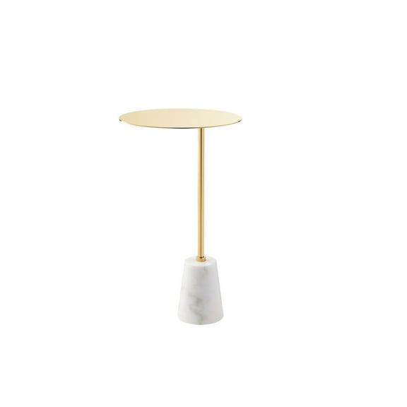 Benjara Frank 12 Inch Drink Side End Table, Gold Top, White Marble Solid Cone Base