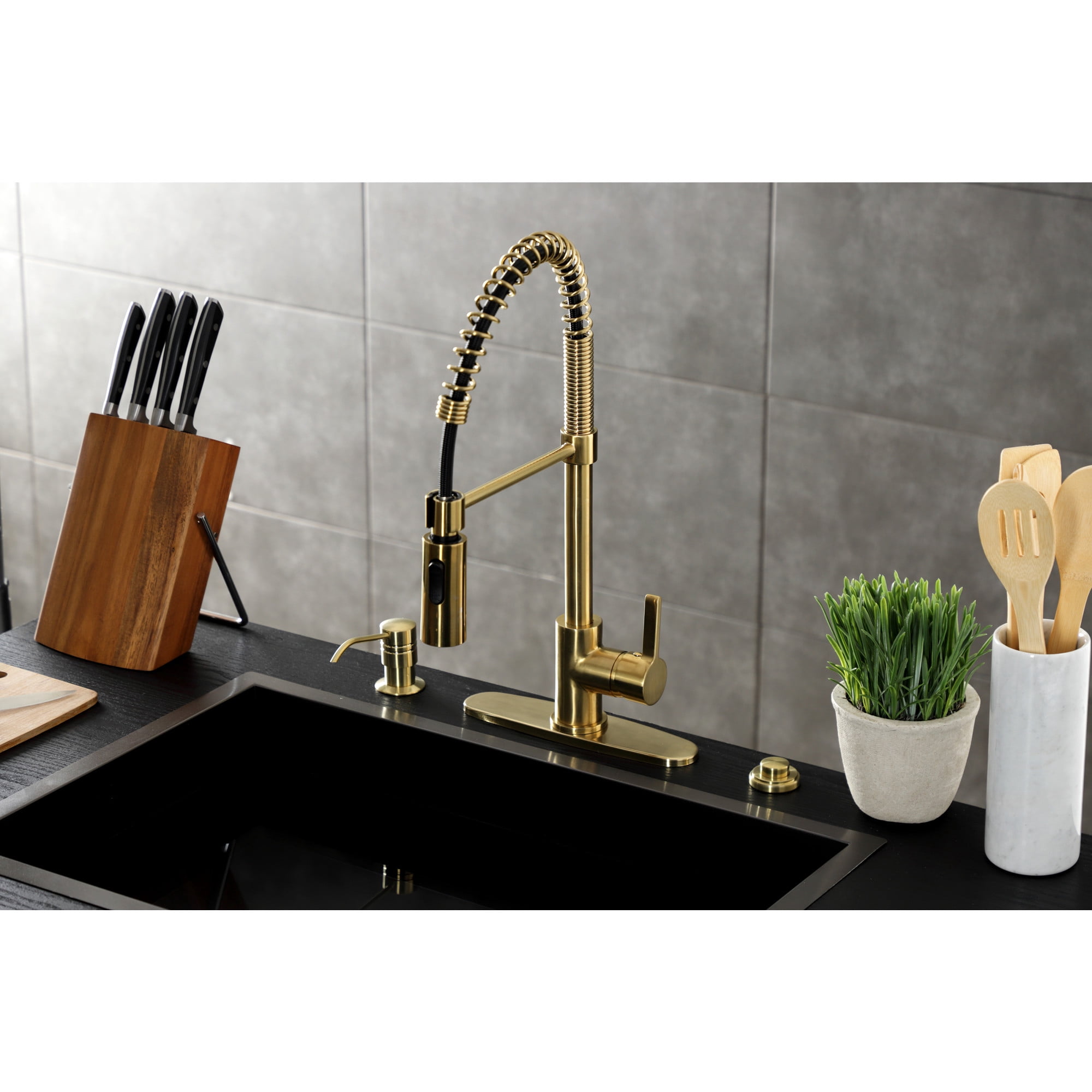 Gourmetier LS8773CTL Continental Single-Handle Deck-Mount Pre-Rinse Kitchen Faucet, Brushed Brass