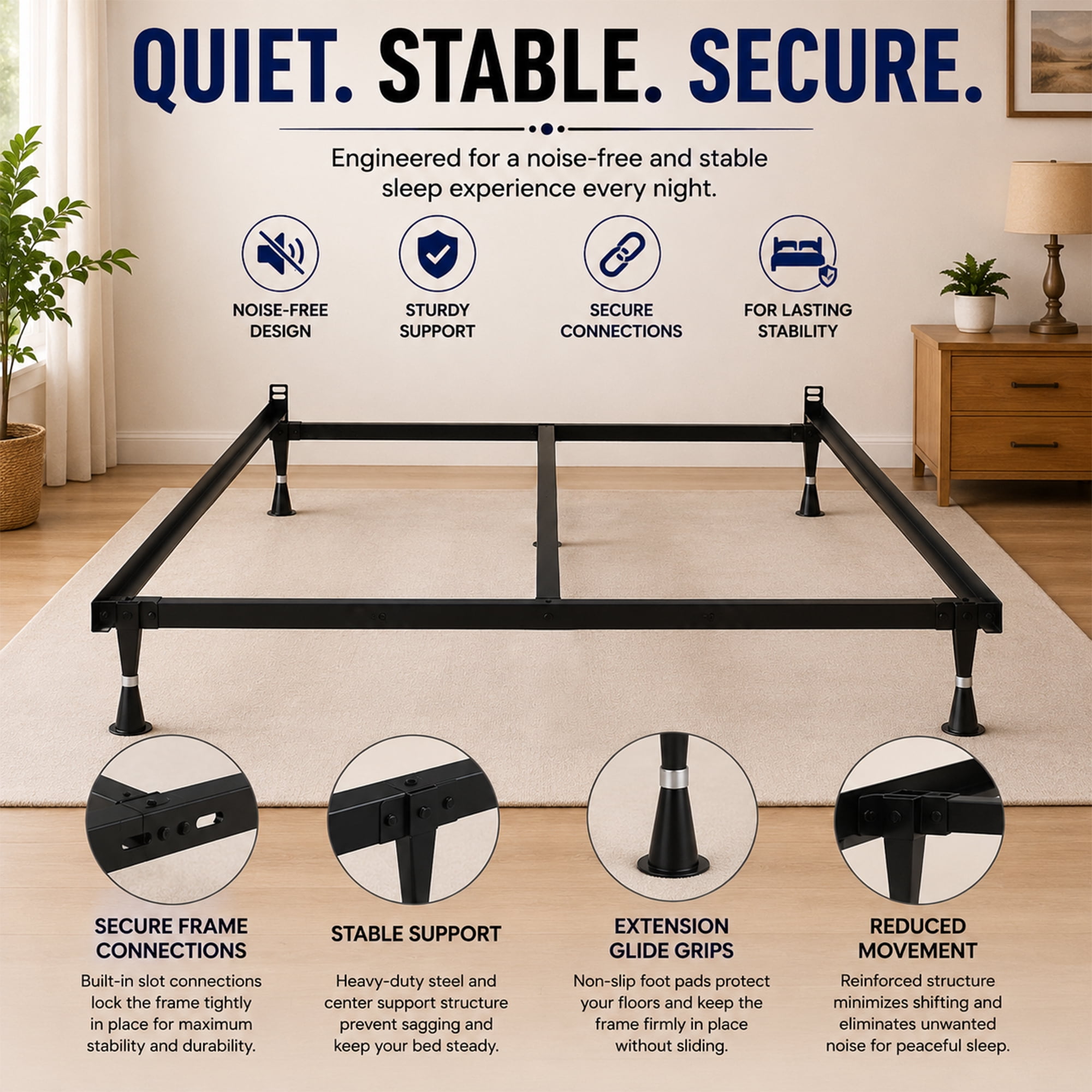 Continental Sleep, Advanced Metal Bed Frame for Box Spring and Mattress, Iron Center Support, Headboard Attachable, Noise-Free, Tool-Free Easy Assembly, 5-Legs Support, Queen, Black