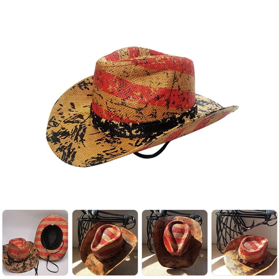 CATIEBYE Vintage Straw Cowgirl Hat Decorative Western Style Unisex Hat for Outdoor Use